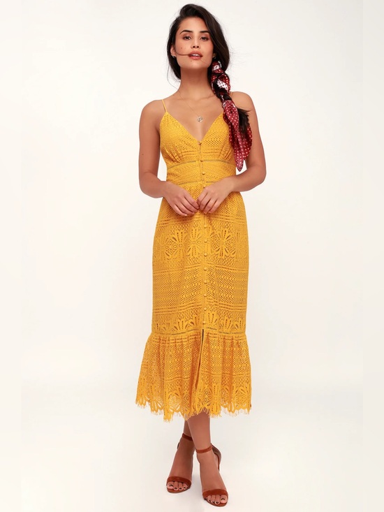 Lulus Dresses & Skirts - Lulus Robyn Mustard Yellow Spaghetti  Strap Lace Button-Up Midi Dress